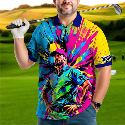 HomyGifts Men's Customized Face Artistic Golf Polo Shirt, Personalized Pop Art Golf Polo, Portrait Gift for Golfers Style 12