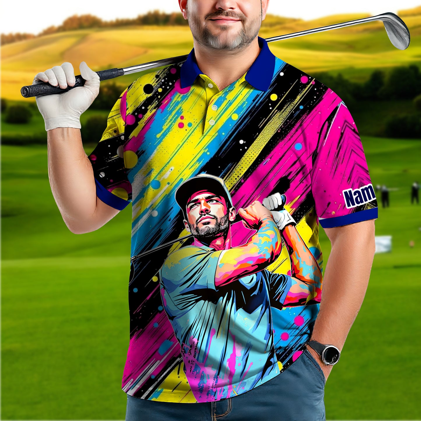 HomyGifts Men's Customized Face Artistic Golf Polo Shirt, Personalized Pop Art Golf Polo, Portrait Gift for Golfers Style 17