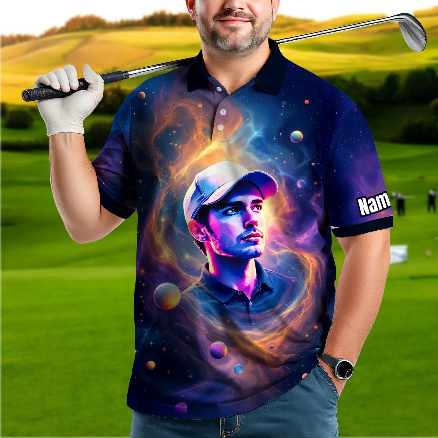 Custom Cosmic Portrait Polo Shirt – Personalized Surreal Galaxy Art with Your Face | Unique Gift for Golfers, Sports & Astrology Fans Style 6