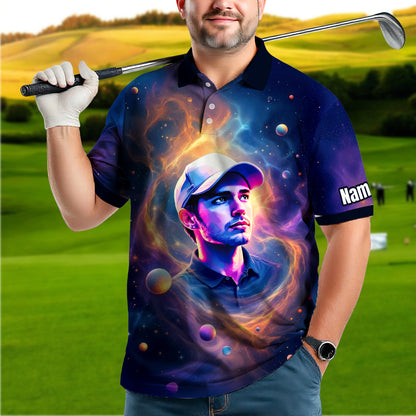 Custom Cosmic Portrait Polo Shirt – Personalized Surreal Galaxy Art with Your Face | Unique Gift for Golfers, Sports & Astrology Fans Style 6