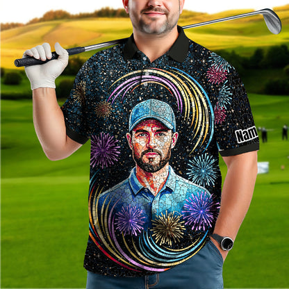 Custom Face Golf Polo Shirt – New Year Fireworks Edition | Personalized Golf Polo | Unique Holiday Gift for Him 2025 Style 8