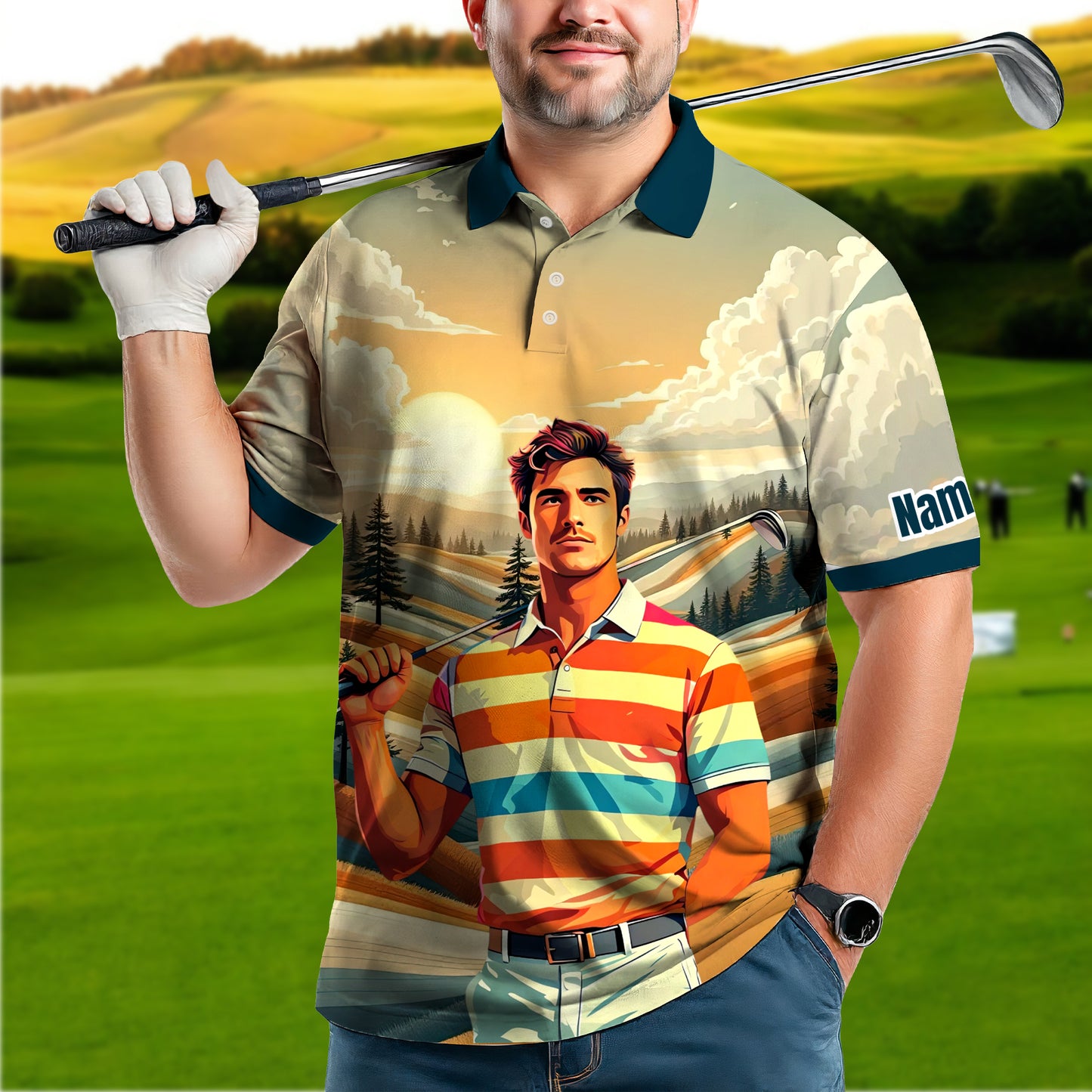 Custom Vintage Americana Golf Polo with Your Face - Retro Personalized Gift for Men Style 8