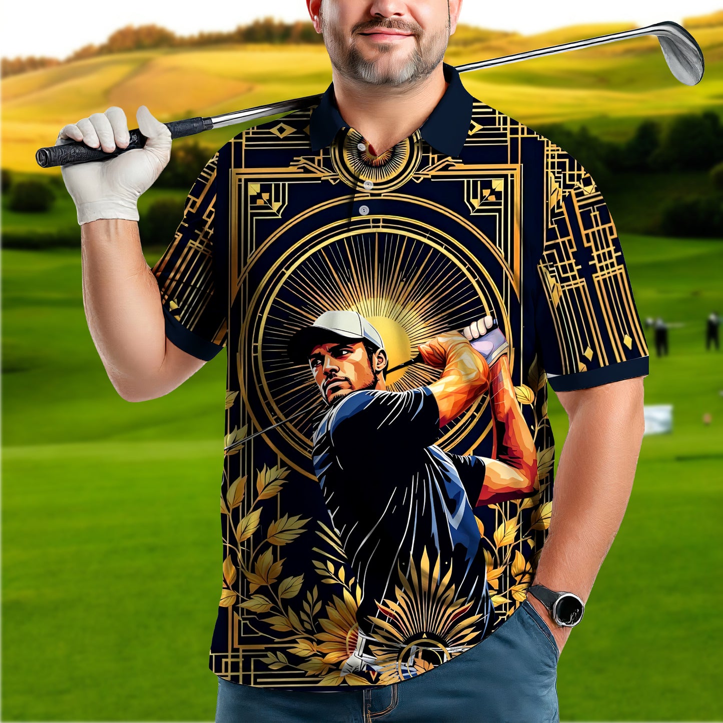 Custom Face Golf Polo Shirt – Swing in Gold Art Deco Revival Style | Personalized Golf Shirt for Men Style 6