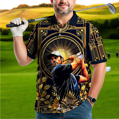 Custom Face Golf Polo Shirt – Swing in Gold Art Deco Revival Style | Personalized Golf Shirt for Men Style 6