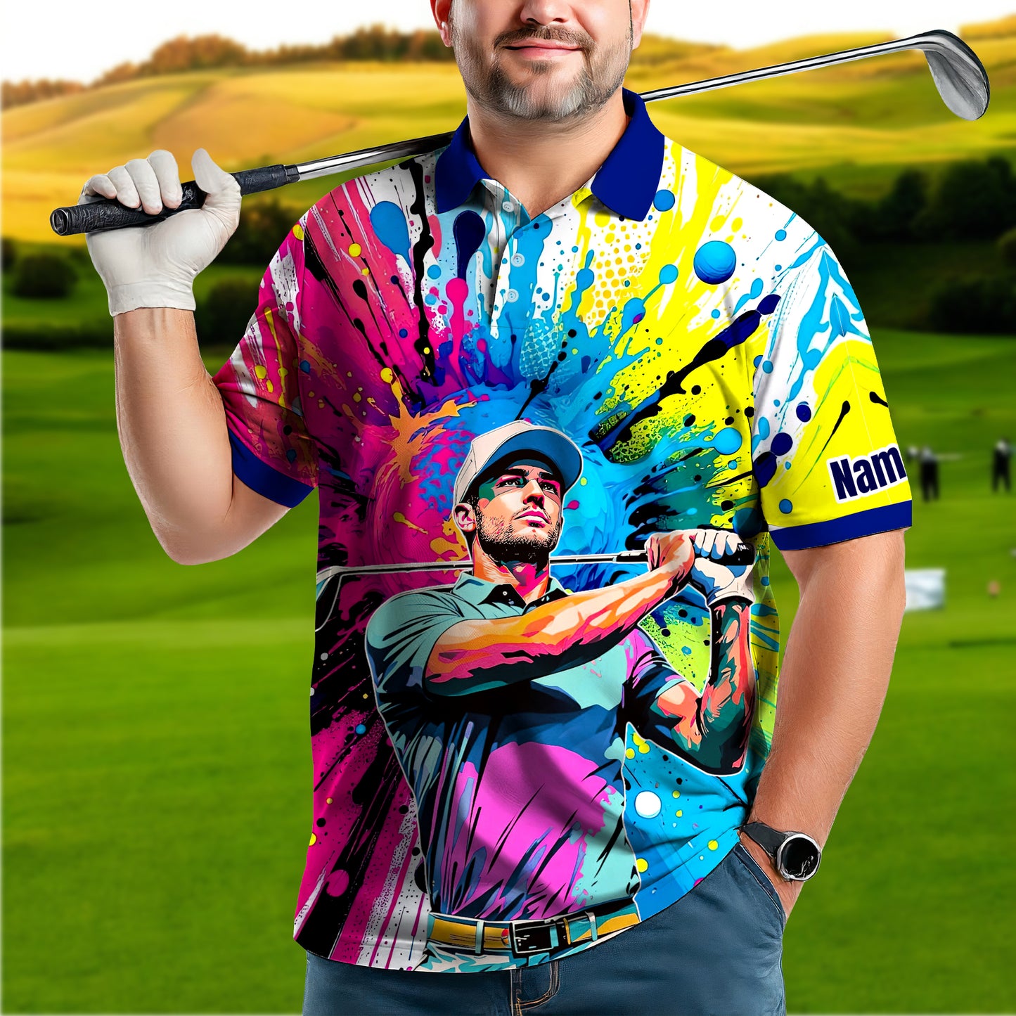 HomyGifts Men's Customized Face Artistic Golf Polo Shirt, Personalized Pop Art Golf Polo, Portrait Gift for Golfers Style 19