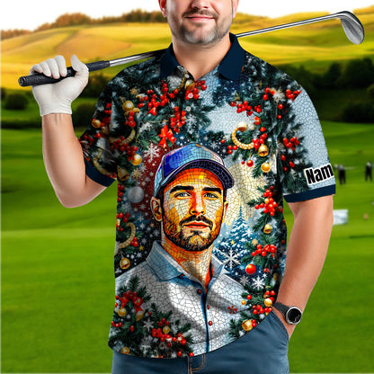 Personalized Christmas Golf Polo Shirt with Your Face – Custom Photo Holiday Shirt – Unique Mosaic Art Xmas Gift for Men, Custom Golf Apparel Style 9