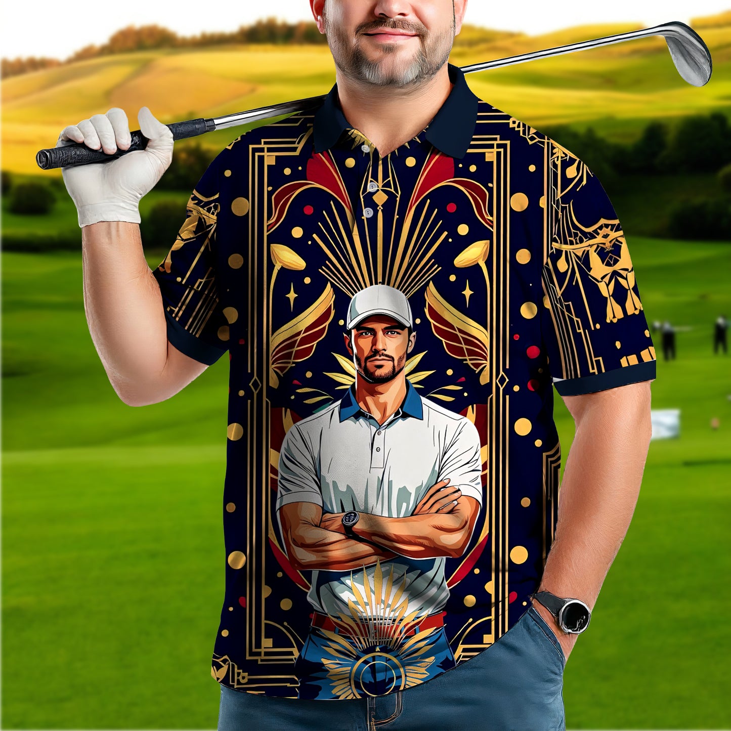 Custom Face Golf Polo Shirt – Swing in Gold Art Deco Revival Style | Personalized Golf Shirt for Men Style 4