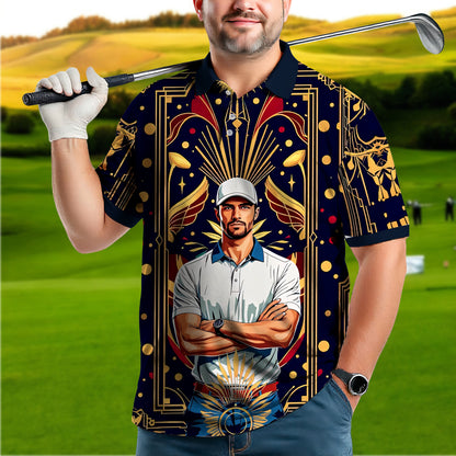 Custom Face Golf Polo Shirt – Swing in Gold Art Deco Revival Style | Personalized Golf Shirt for Men Style 4