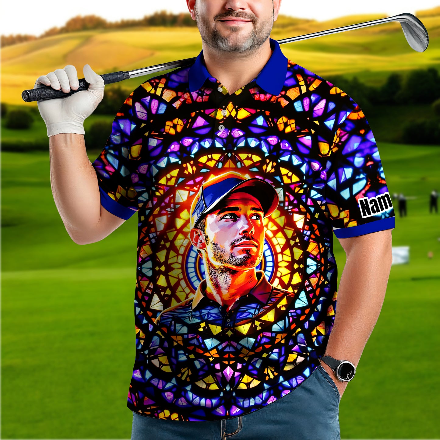Custom Face Golf Polo Shirt – Personalized Stained Glass Mandala Style Polo, Unique Gift for Men & Women, Vibrant Artistic Golf Shirt, Custom Photo Polo