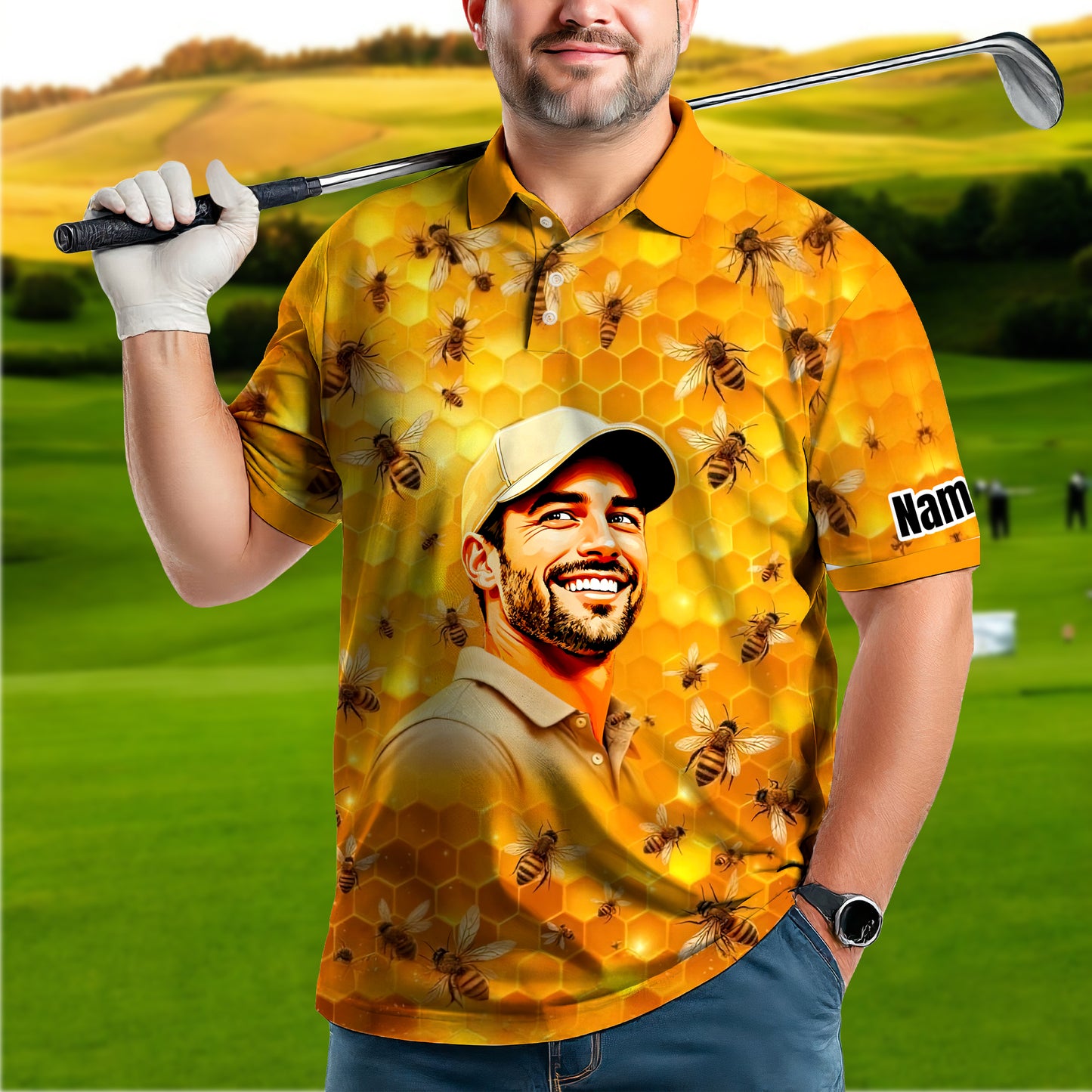 HomyGifts Men's Customized Face Artistic Golf Polo Shirt, Personalized Bee & Honeycomb Polo Shirt with Face, Funny Honey Lover Outfit, Summer Polo for Men Style 6