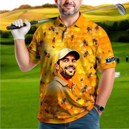 HomyGifts Men's Customized Face Artistic Golf Polo Shirt, Personalized Bee & Honeycomb Polo Shirt with Face, Funny Honey Lover Outfit, Summer Polo for Men Style 6