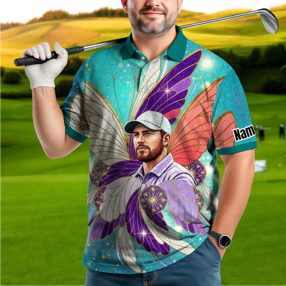 Custom Face Butterfly Golf Polo Shirt – Personalized Spring Mirage Art Style – Unique Gift for Him, Nature Inspired Men's Shirt Style 2