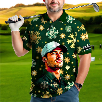 Custom Face Golf Polo Shirt – Personalized Christmas Golf Shirt for Him, Unique Holiday Gift for Golfer, Snowflake Design Golf Apparel Style 19