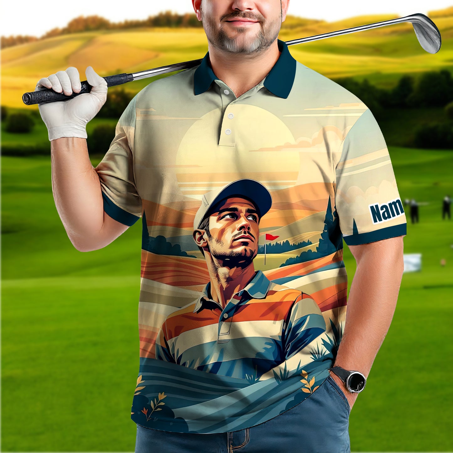 Custom Vintage Americana Golf Polo with Your Face - Retro Personalized Gift for Men Style 1