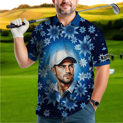 Custom Face Golf Polo Shirt – Personalized Christmas Golf Shirt for Him, Unique Holiday Gift for Golfer, Snowflake Design Golf Apparel Style 10