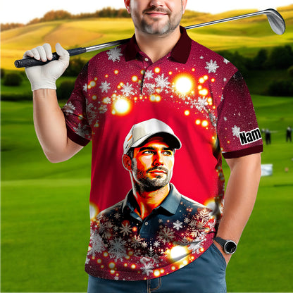 Custom Face Golf Polo Shirt – Personalized Christmas Golf Shirt for Him, Unique Holiday Gift for Golfer, Snowflake Design Golf Apparel Style 16