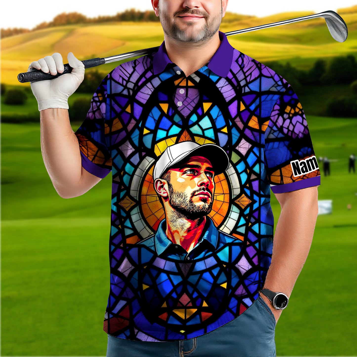 Custom Face Golf Polo Shirt – Personalized Stained Glass Art Shirt, Unique Golf Gift for Him, Colorful Abstract Golf Polo, Custom Sportswear