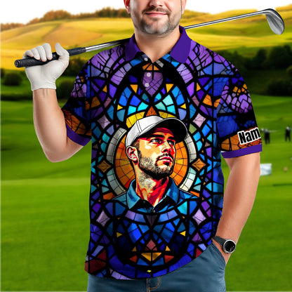 Custom Face Golf Polo Shirt – Personalized Stained Glass Art Shirt, Unique Golf Gift for Him, Colorful Abstract Golf Polo, Custom Sportswear
