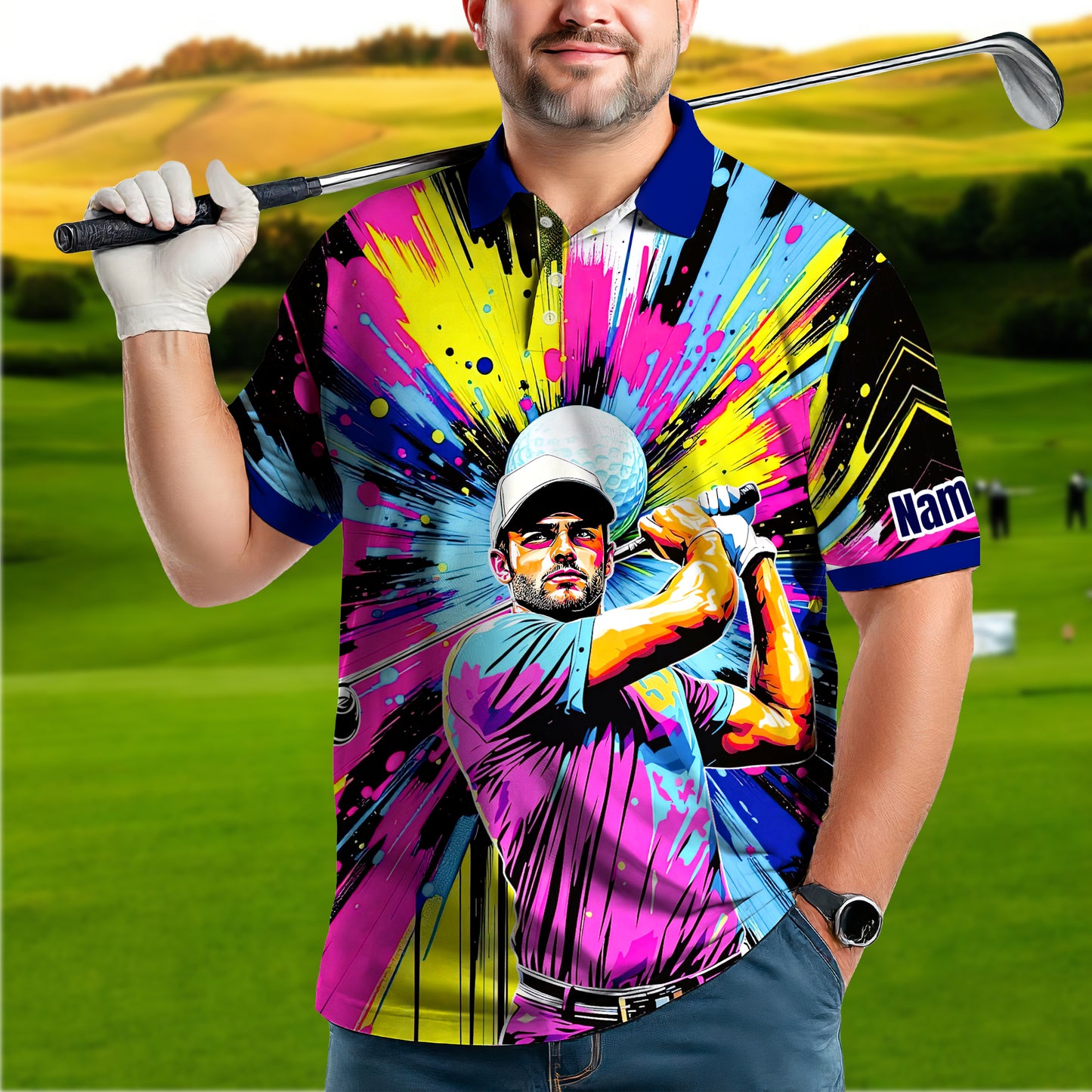 HomyGifts Men's Customized Face Artistic Golf Polo Shirt, Personalized Pop Art Golf Polo, Portrait Gift for Golfers Style 21