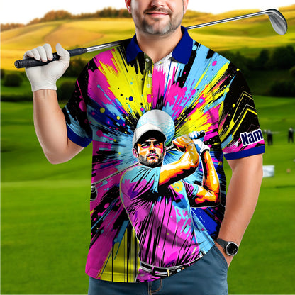 HomyGifts Men's Customized Face Artistic Golf Polo Shirt, Personalized Pop Art Golf Polo, Portrait Gift for Golfers Style 21