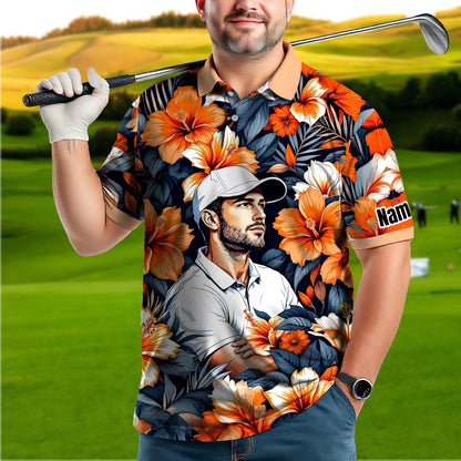 Custom Face Tropical Floral Polo Shirt – Personalized Summer Shirt, Fun Beach Vacation Gift, Unique Tropical Party Outfit Style 3