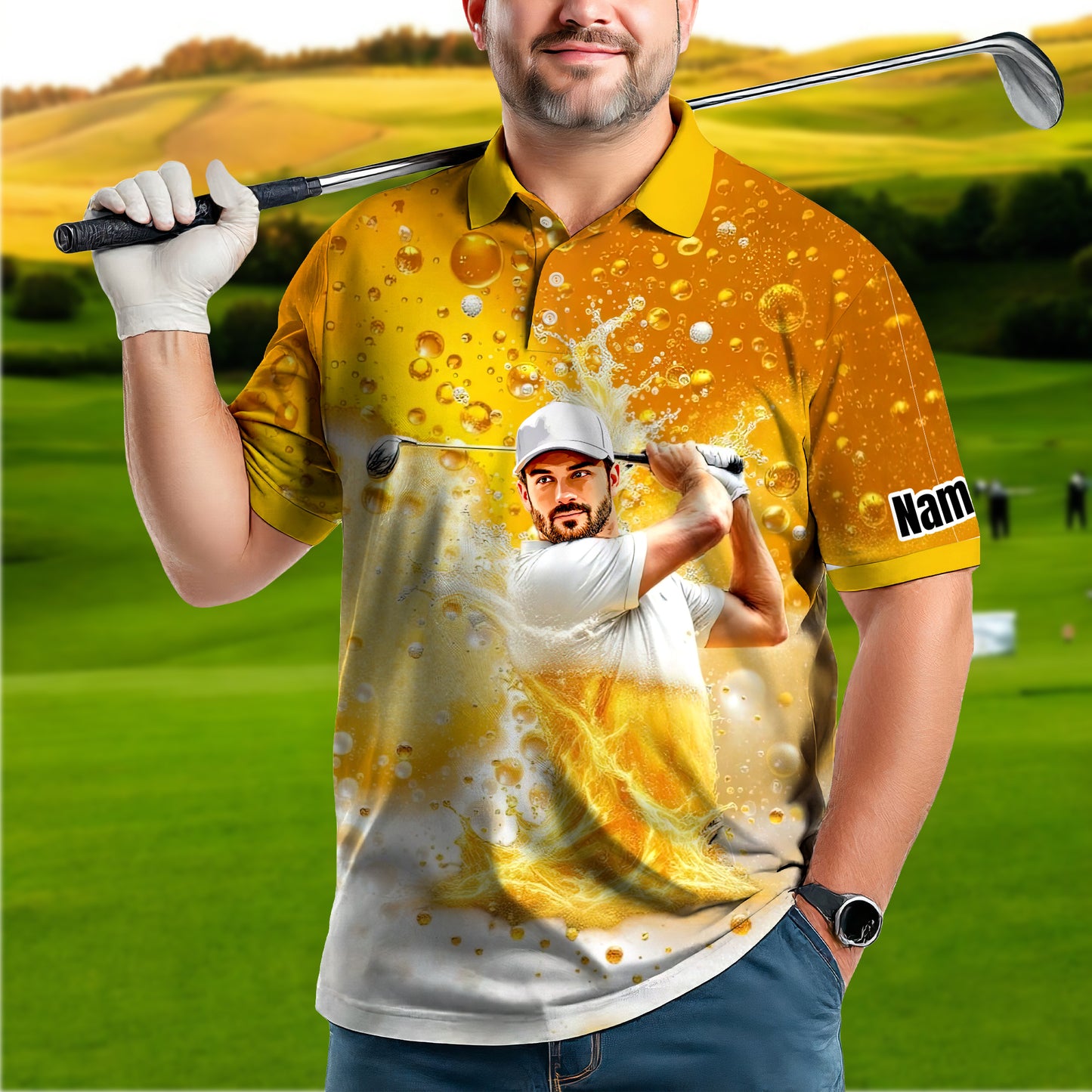 HomyGifts Men's Customized Face Artistic Golf Polo Shirt, Beer pattern Design, Special Gift for Beer & Golf Lovers, Summer Party Outfit, Unique Gift for Men Style 9