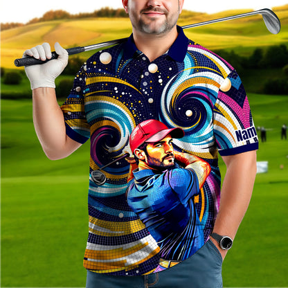 HomyGifts Men's Customized Face Artistic Golf Polo Shirt, Mosaic Art Style, Unique Personalized Golf Polo For Men Style 18