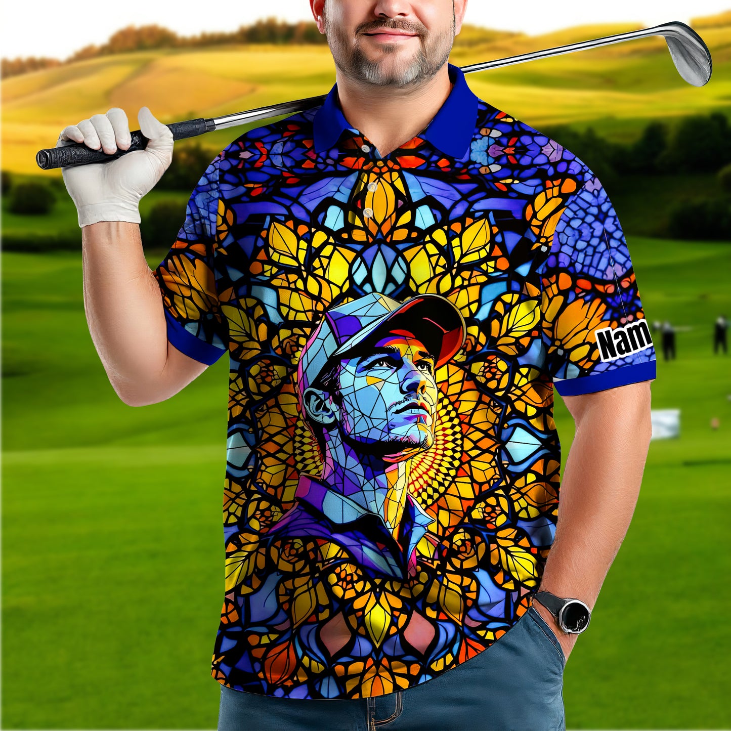 Custom Face Golf Polo Shirt – Personalized Stained Glass Mandala Style Polo, Unique Gift for Men & Women, Vibrant Artistic Golf Shirt, Custom Photo Polo