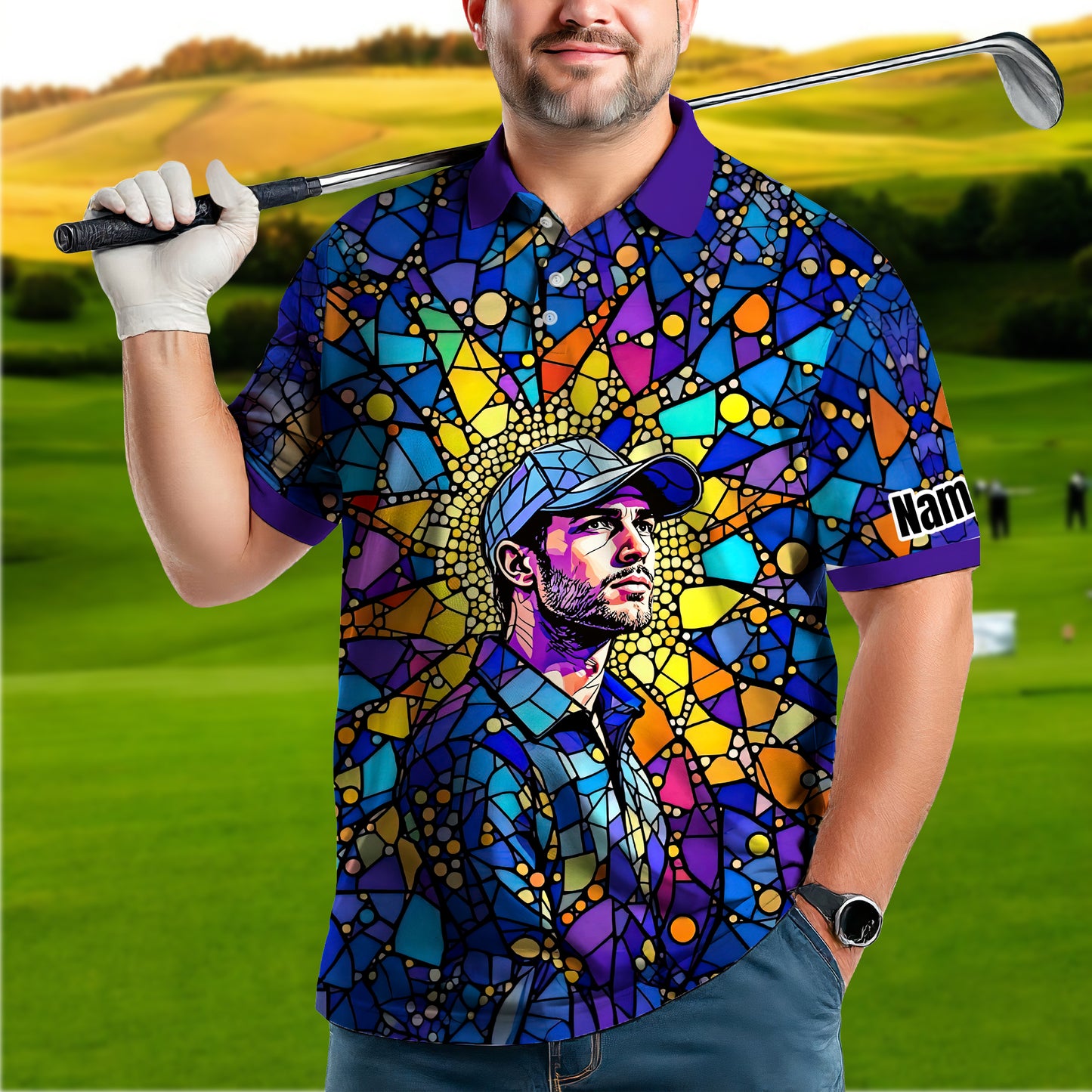Custom Face Golf Polo Shirt – Personalized Stained Glass Art Shirt, Unique Golf Gift for Him, Colorful Abstract Golf Polo, Custom Sportswear