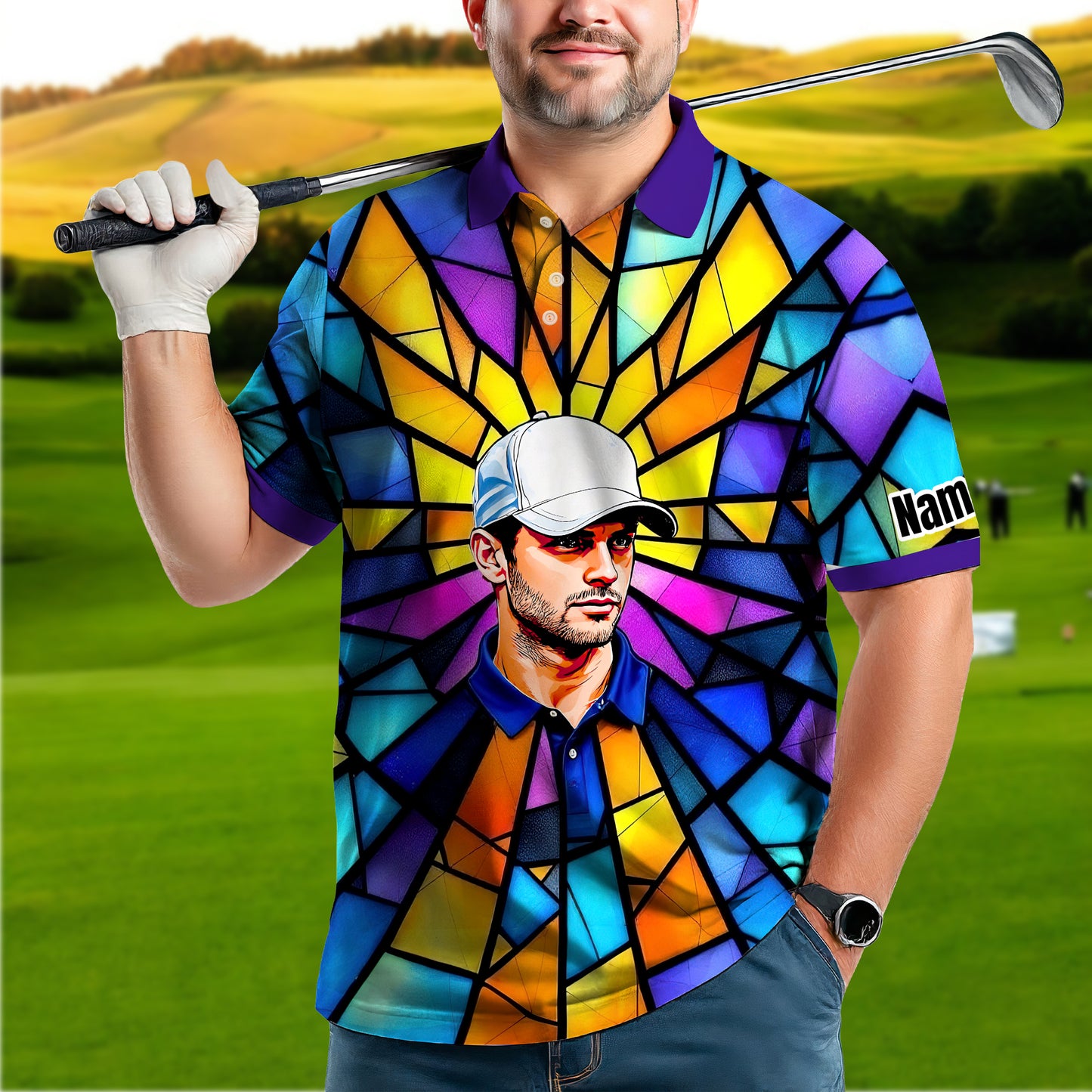 Custom Face Golf Polo Shirt – Personalized Stained Glass Art Shirt, Unique Golf Gift for Him, Colorful Abstract Golf Polo, Custom Sportswear
