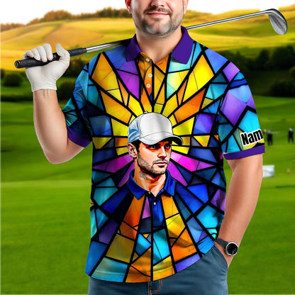 Custom Face Golf Polo Shirt – Personalized Stained Glass Art Shirt, Unique Golf Gift for Him, Colorful Abstract Golf Polo, Custom Sportswear