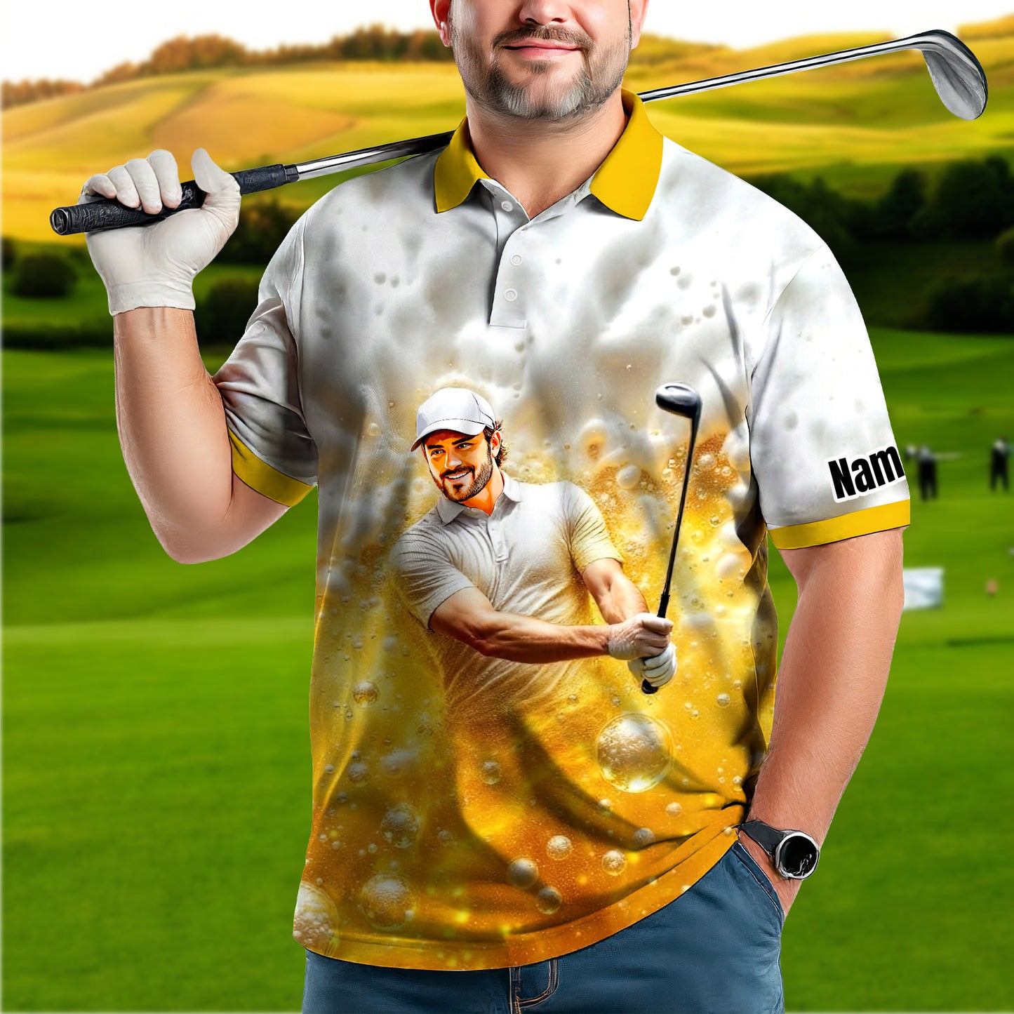 HomyGifts Men's Customized Face Artistic Golf Polo Shirt, Beer pattern Design, Special Gift for Beer & Golf Lovers, Summer Party Outfit, Unique Gift for Men Style 11