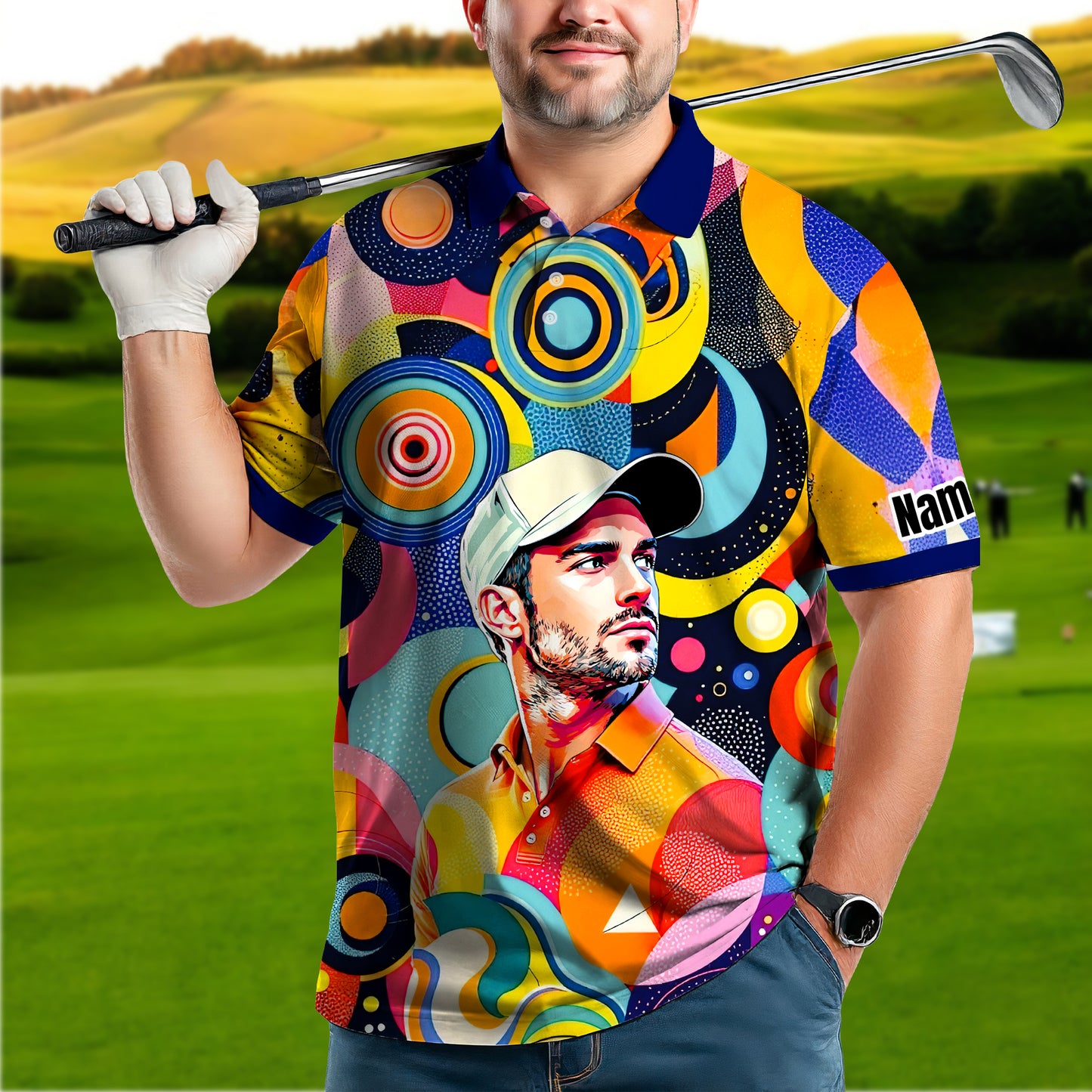 HomyGifts Custom Face Polo Shirt – Personalized Abstract Geometric Art Photo Shirt, Unique Gift for Him & Her