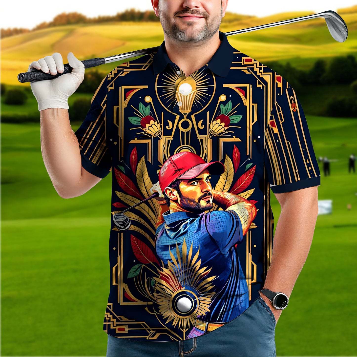 Custom Face Golf Polo Shirt – Swing in Gold Art Deco Revival Style | Personalized Golf Shirt for Men Style 9