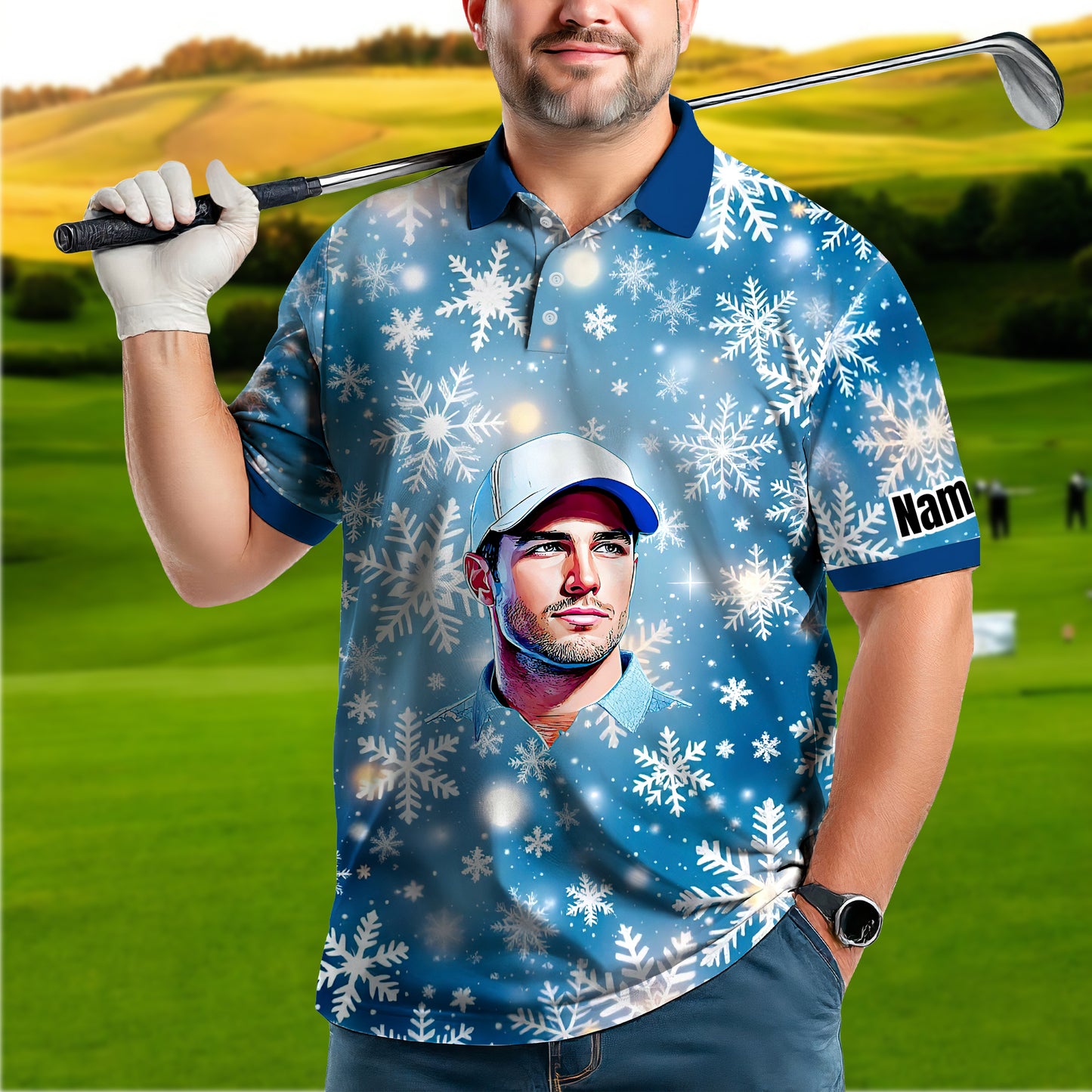 Custom Face Golf Polo Shirt – Personalized Christmas Golf Shirt for Him, Unique Holiday Gift for Golfer, Snowflake Design Golf Apparel Style 2