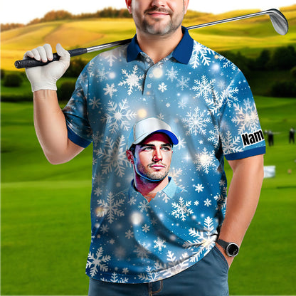 Custom Face Golf Polo Shirt – Personalized Christmas Golf Shirt for Him, Unique Holiday Gift for Golfer, Snowflake Design Golf Apparel Style 2