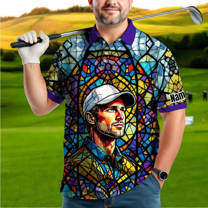 Custom Face Golf Polo Shirt – Personalized Stained Glass Art Shirt, Unique Golf Gift for Him, Colorful Abstract Golf Polo, Custom Sportswear