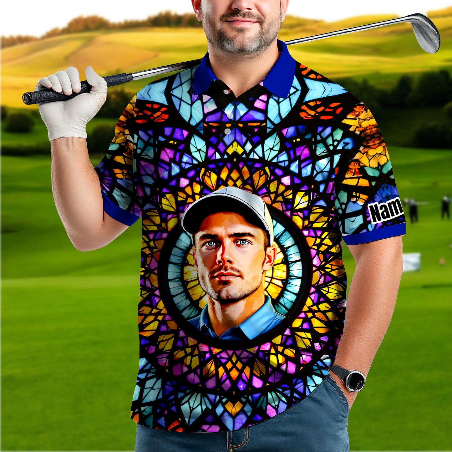Custom Face Golf Polo Shirt – Personalized Stained Glass Mandala Style Polo, Unique Gift for Men & Women, Vibrant Artistic Golf Shirt, Custom Photo Polo