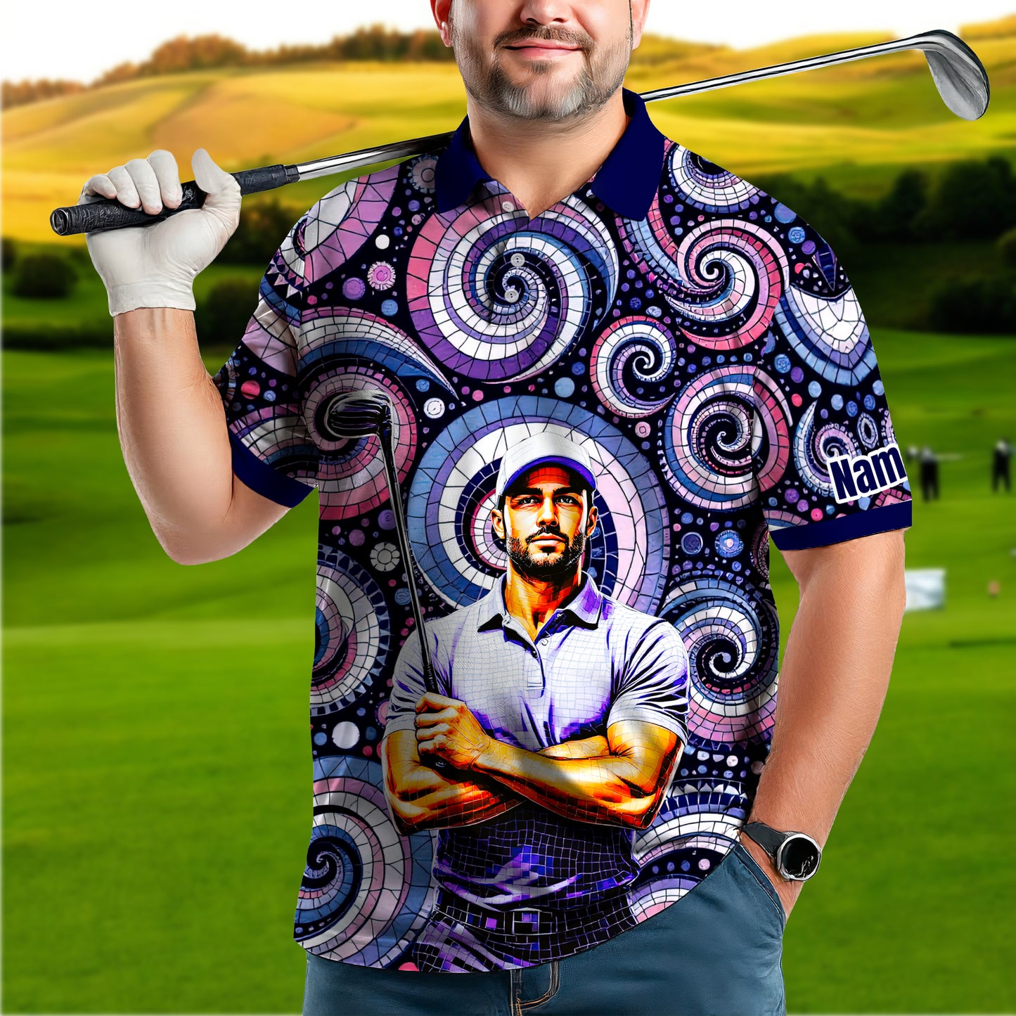 HomyGifts Men's Customized Face Artistic Golf Polo Shirt, Mosaic Art Style, Unique Personalized Golf Polo For Men Style 6