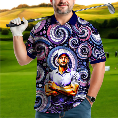 HomyGifts Men's Customized Face Artistic Golf Polo Shirt, Mosaic Art Style, Unique Personalized Golf Polo For Men Style 6