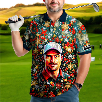 Personalized Christmas Golf Polo Shirt with Your Face – Custom Photo Holiday Shirt – Unique Mosaic Art Xmas Gift for Men, Custom Golf Apparel Style 8
