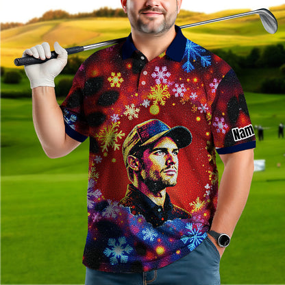 Custom Face Golf Polo Shirt – Personalized Christmas Golf Shirt for Him, Unique Holiday Gift for Golfer, Snowflake Design Golf Apparel Style 12