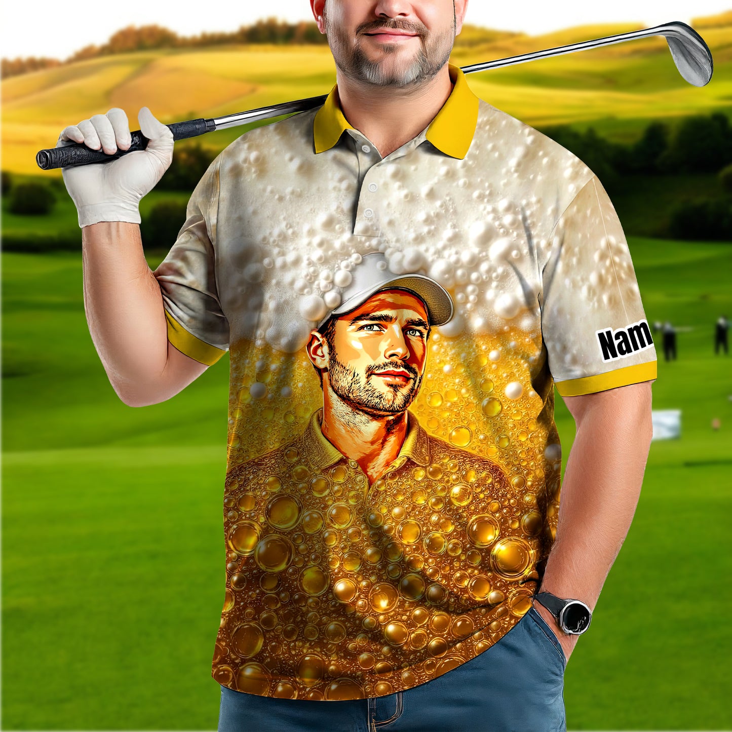 HomyGifts Men's Customized Face Artistic Golf Polo Shirt, Beer pattern Design, Special Gift for Beer & Golf Lovers, Summer Party Outfit, Unique Gift for Men Style 7