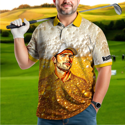 HomyGifts Men's Customized Face Artistic Golf Polo Shirt, Beer pattern Design, Special Gift for Beer & Golf Lovers, Summer Party Outfit, Unique Gift for Men Style 7