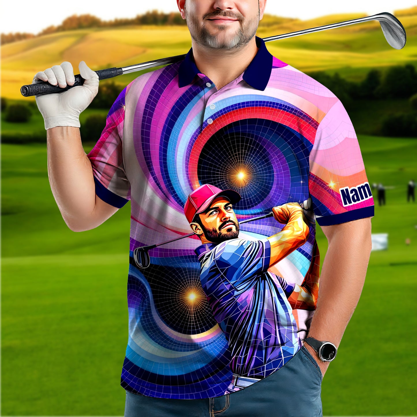 HomyGifts Men's Customized Face Artistic Golf Polo Shirt, Mosaic Art Style, Unique Personalized Golf Polo For Men