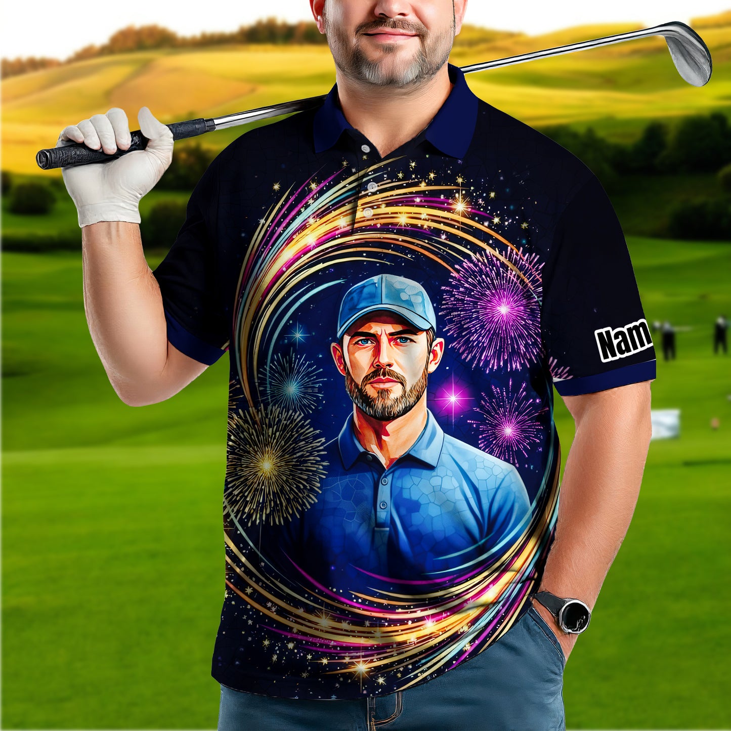 Custom Face Golf Polo Shirt – New Year Fireworks Edition | Personalized Golf Polo | Unique Holiday Gift for Him 2025 Style 1