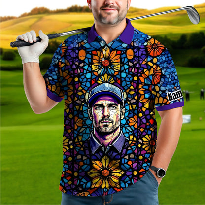 Custom Face Golf Polo Shirt – Personalized Stained Glass Art Shirt, Unique Golf Gift for Him, Colorful Abstract Golf Polo, Custom Sportswear