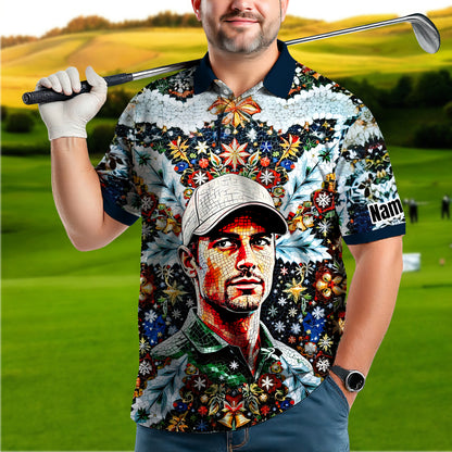 Personalized Christmas Golf Polo Shirt with Your Face – Custom Photo Holiday Shirt – Unique Mosaic Art Xmas Gift for Men, Custom Golf Apparel Style 7