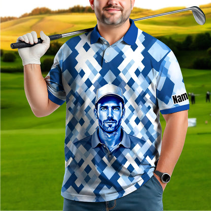 Custom Face Polo Shirt – Geometric Diamond Pattern | Personalized Photo Golf Polo | Unique Gift for Him, Retro Geometric Style Shirt Style 12