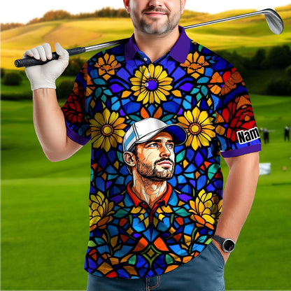Custom Face Golf Polo Shirt – Personalized Stained Glass Art Shirt, Unique Golf Gift for Him, Colorful Abstract Golf Polo, Custom Sportswear
